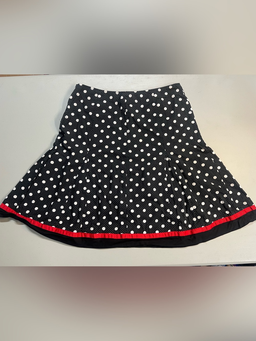 Robbie Bee Women’s Vintage Polka Dot A-Line Midi Skirt Red Trim Size 14